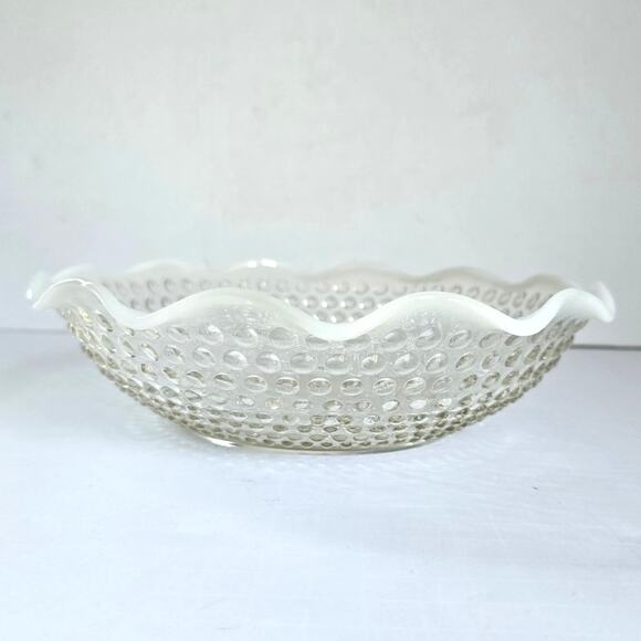 Vintage Anchor Hocking Moonstone Bowl Hobnail Opalescent Ruffled Edge 1940s - Picture 1 of 9